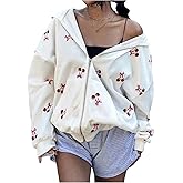BEAUDRM Women's Y2k Cherry Graphic Zip Up Hoodie Long Sleeve Oversized Sweatshirt with Pockets