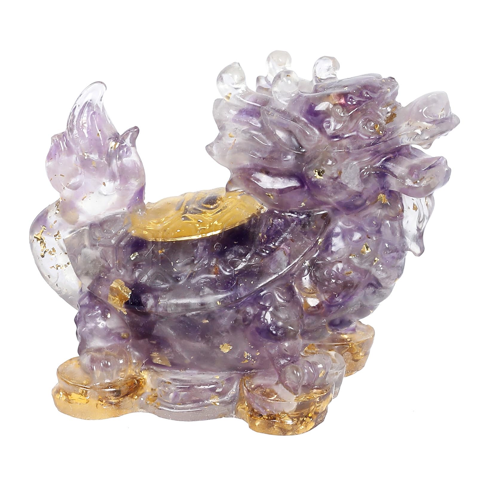 Nupuyai 2pcs Amethyst Crystal Stone Animal Statue Gold Coin Dragon Turtle Figure Set, Resin Stones Figurine Lucky Feng Shui Wealth Ornament Home Office Decor