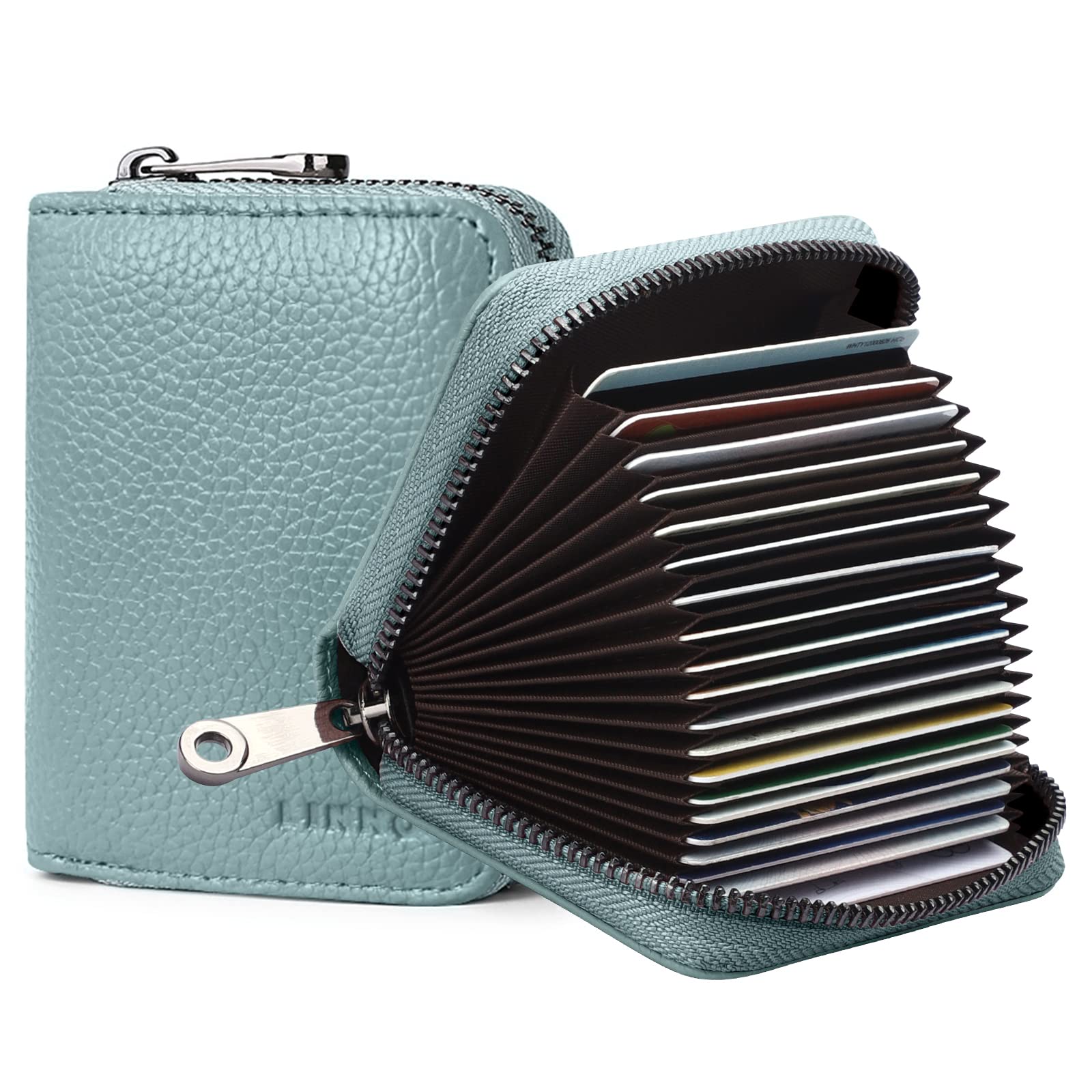 Goopai RFID 20 Card Slots Credit Card Holder Genuine Leather Accordion Card Case Small Wallet for Women or Men with Zipper (Blue)