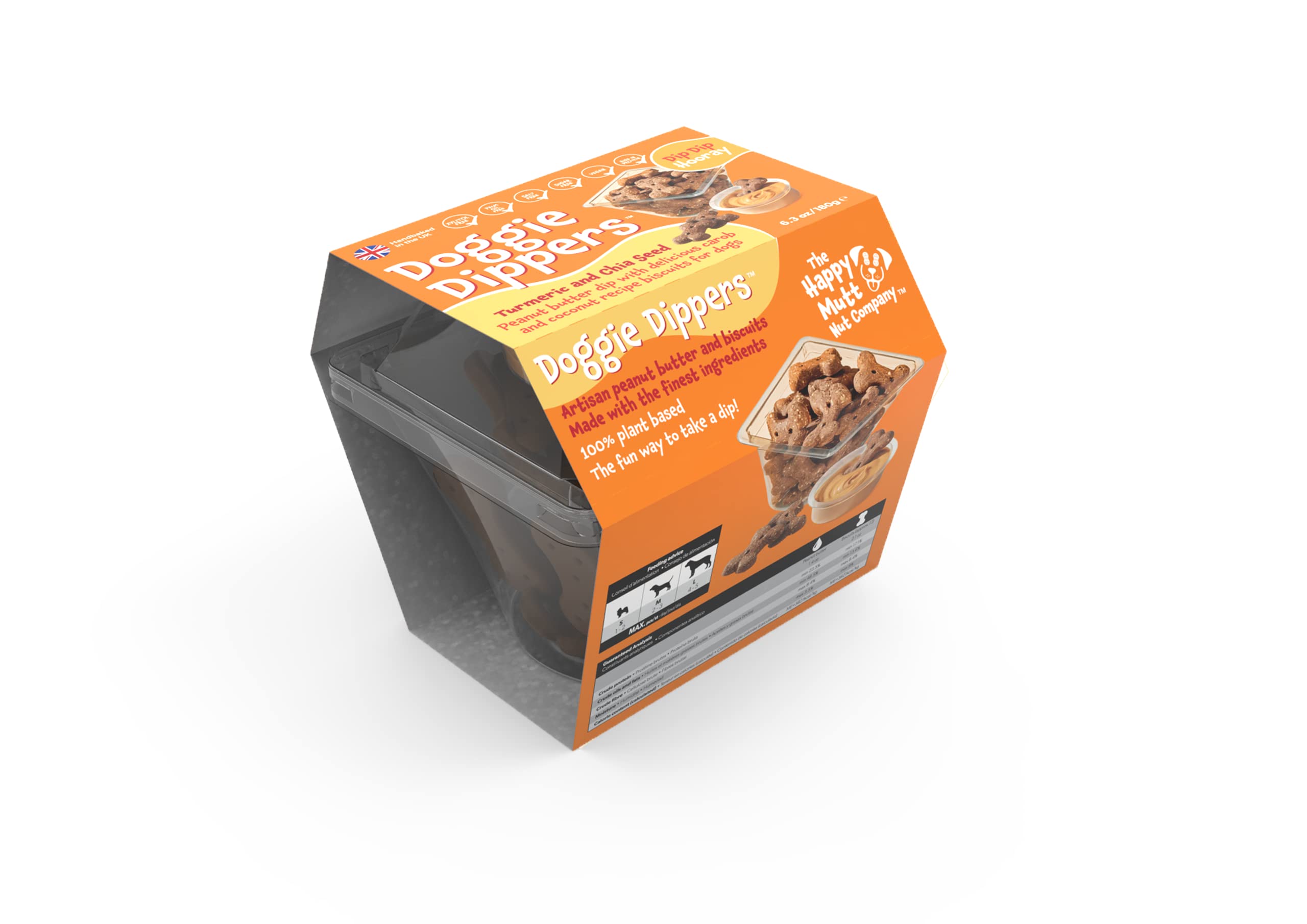 Doggie Dippers™ Pot - Turmeric & Chia Seed - are a world-first interactive dog treat. Blending gluten and wheat free Carob and Coconut biscuits with our Carob flavoured peanut butter