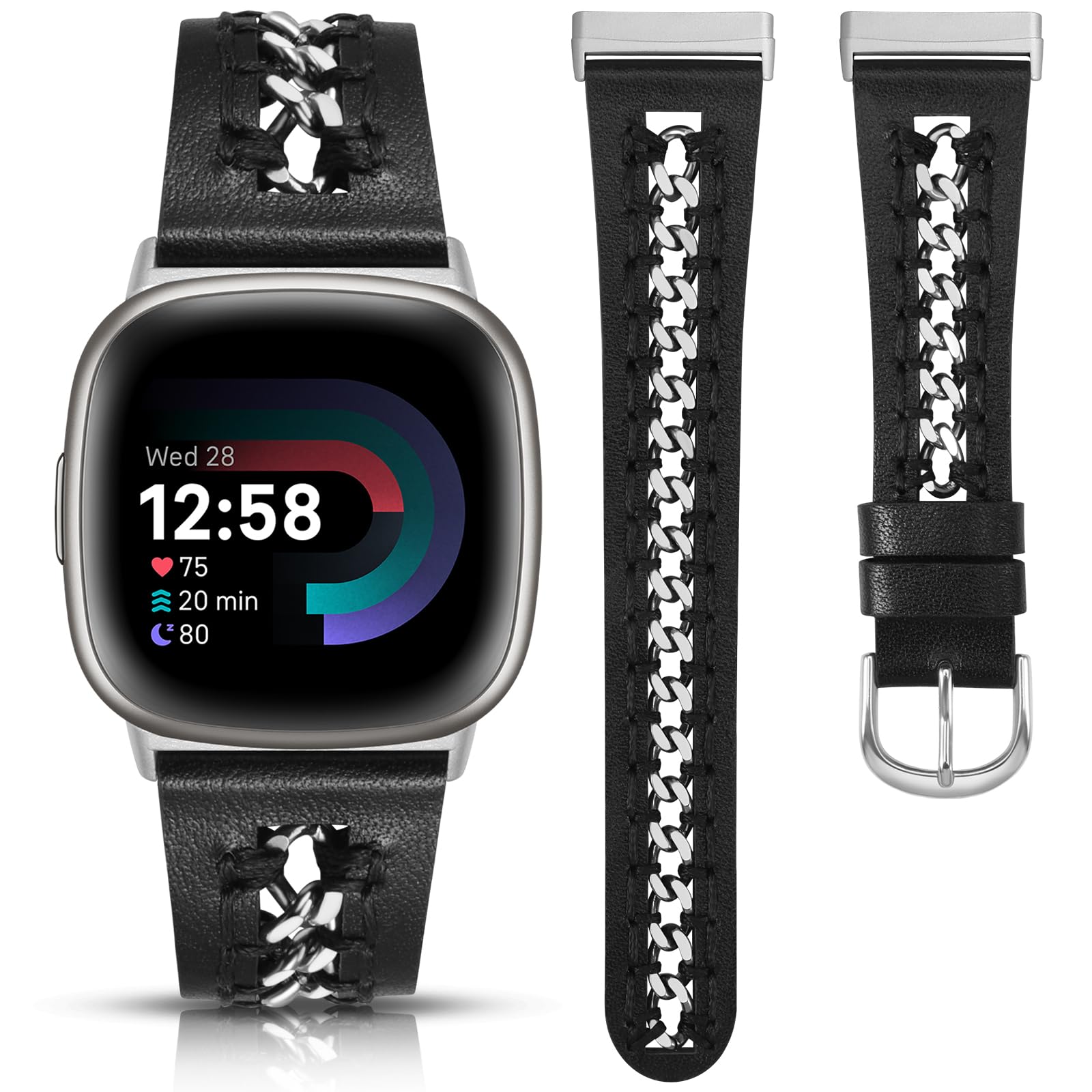 Minyee Leather Band Compatible with Fitbit Versa 4/Versa 3/Fitbit Sense 2/Sense Bands Women, Dressy Premium Leather Designer Strap with Stainless Steel Metal Chain for Versa 4 Smartwatch,Black/Silver