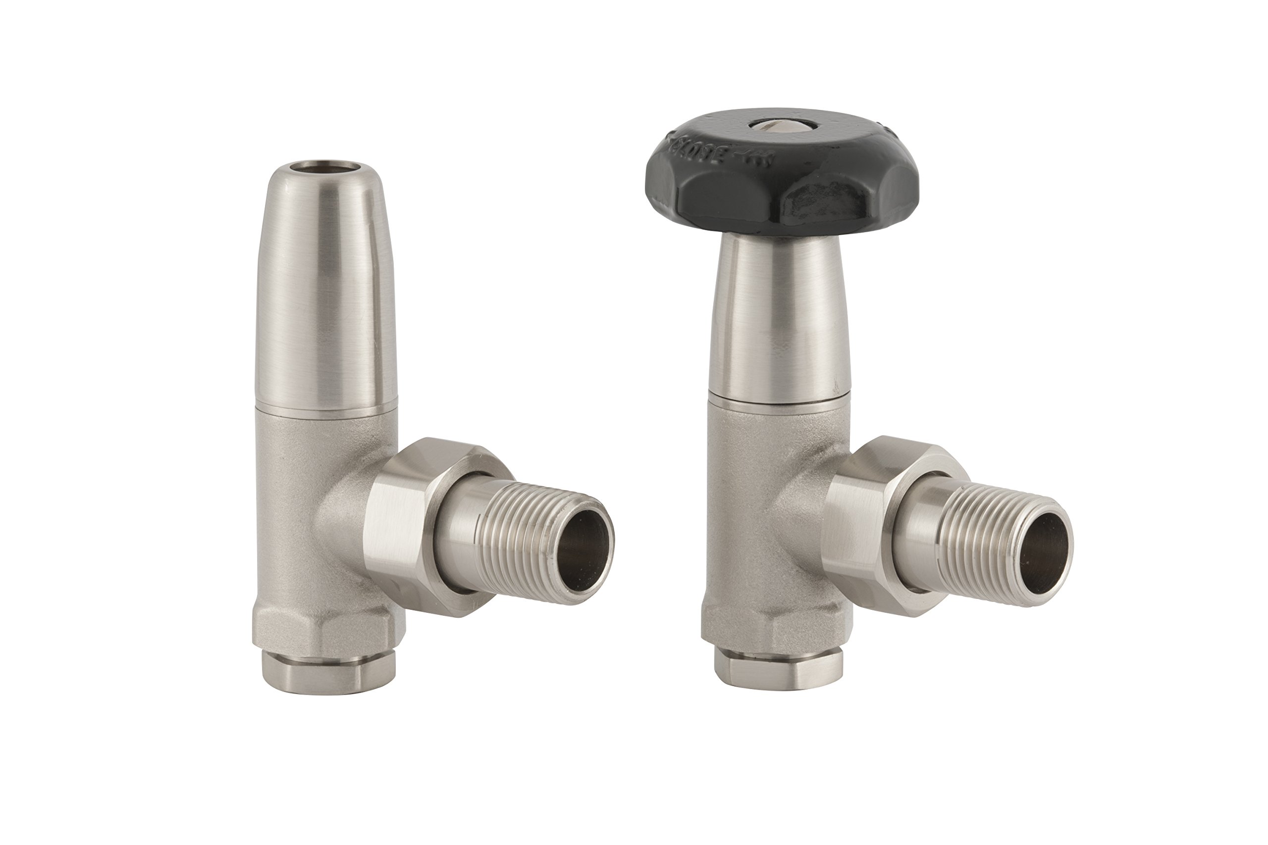 UK12 Arroll traditional manual radiator valve & locksheild in Brushed nickel finish and black wheel Head