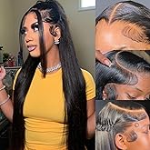 JUBOTIN 13x6 Straight Lace Front Wigs Human Hair 180% Density Pre Plucked Bleached Knots Glueless HD Lace Frontal 13x6 Human Hair Wigs for Women 24 Inch Lace Wig