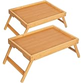 Lorveina 2 Pack Bamboo Bed Tray Tables with Folding Legs, Medium, Natural | Set of 2 bamboo bed trays with folding legs and wave handles for meals, laptops and serving in bed or on sofa.