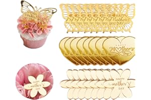 24 PCS Happy Mother's Day Cupcake Toppers, Gold Mirror Acrylic - Butterfly Heart and Flower - Cake Decorations for Happy Moth
