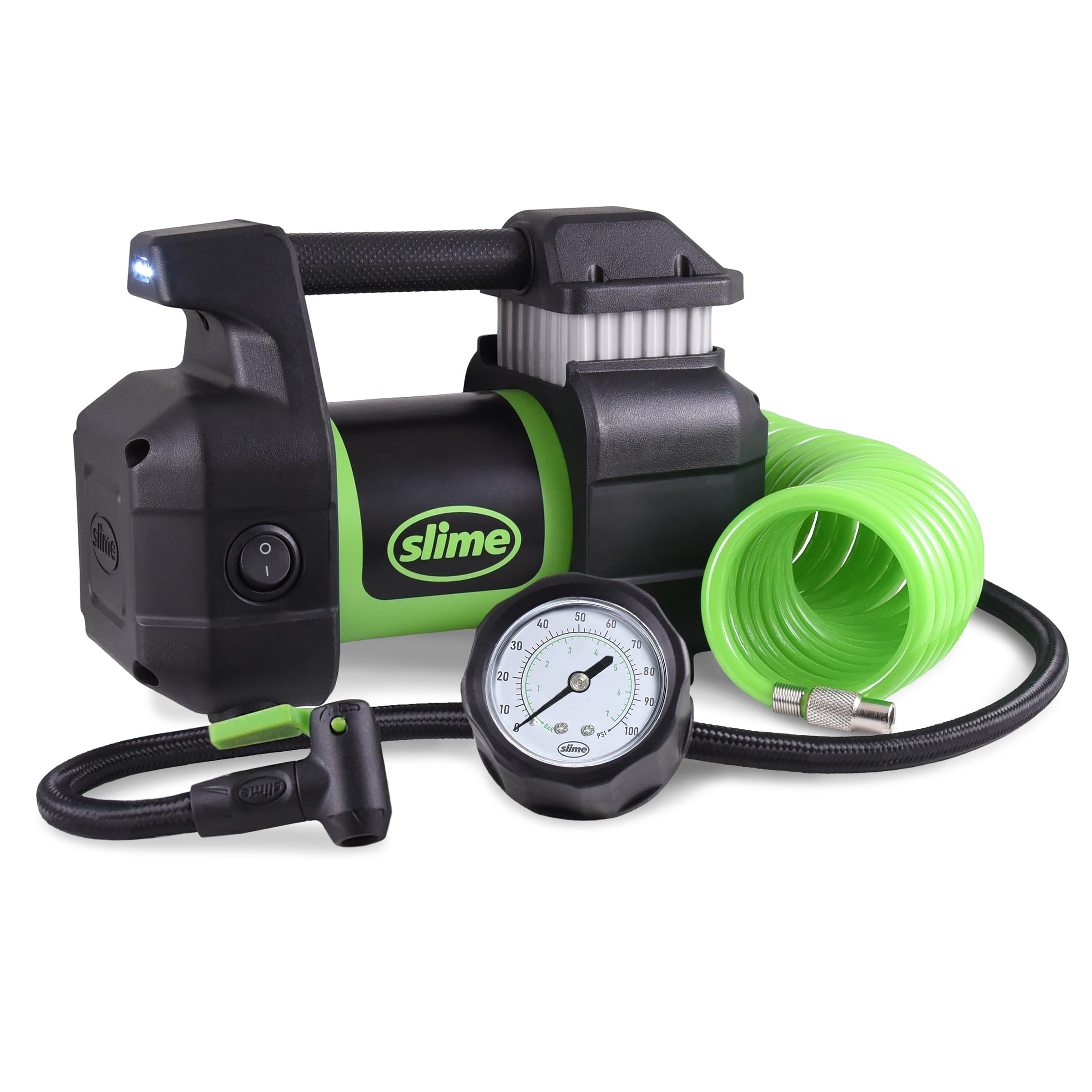 Photo 1 of **DAMAGED** Slime 40031 Tire Inflator, Portable Car, SUV, 4x4 Air Compressor, Pro Power, Heavy Duty, with Analog 150 psi Dial Gauge, Long Hose and LED Light, 12V, 3 min inflation