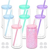Micellwuu 16 oz Plastic Snow Globe Tumbler, 8 Pack Double Wall Snowglobe Tumbler with Pre Drilled Hole, Plastic Mason Jar Cups Can for Snow Globe Glitter DIY (Mixed Colors)