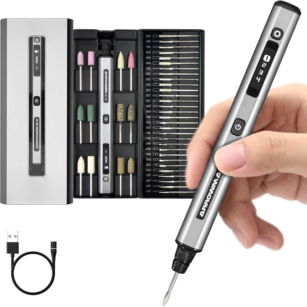 ARROWMAX Mini Electric Engraving Pen with 42 Accessories Aluminum Case OLED