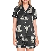 JULYTO Womens Silk Satin Pajamas Set Western Theme Womens Short Sleeve Shorts Set 2 Piece Sleepwear Lounge Set S-XXL