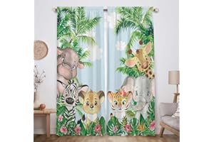Allenjoy Safari Animals Window Curtain Cartoon Jungle Forest Print Curtains Home Decor Rod Pocket Darkening Drapes for Baby Children Bedroom Living Room 82 in x 84 in