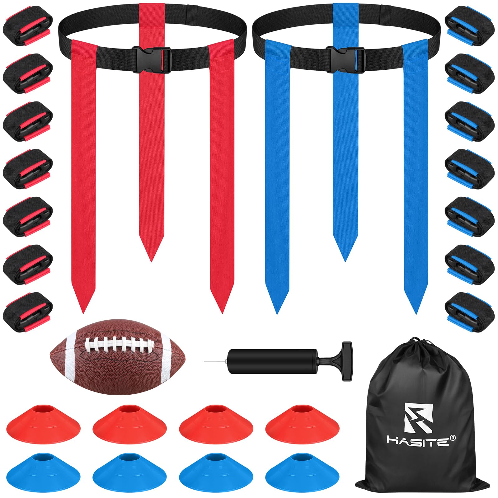 Photo 1 of *MISSING BALL PUMP NEEDLE* Adjustable Flag Football Set - 14 Player Belts, 42 Flags, 8 Cones, Size 3 Football, Pump and Bag - Perfect for Youth, Adults and Children