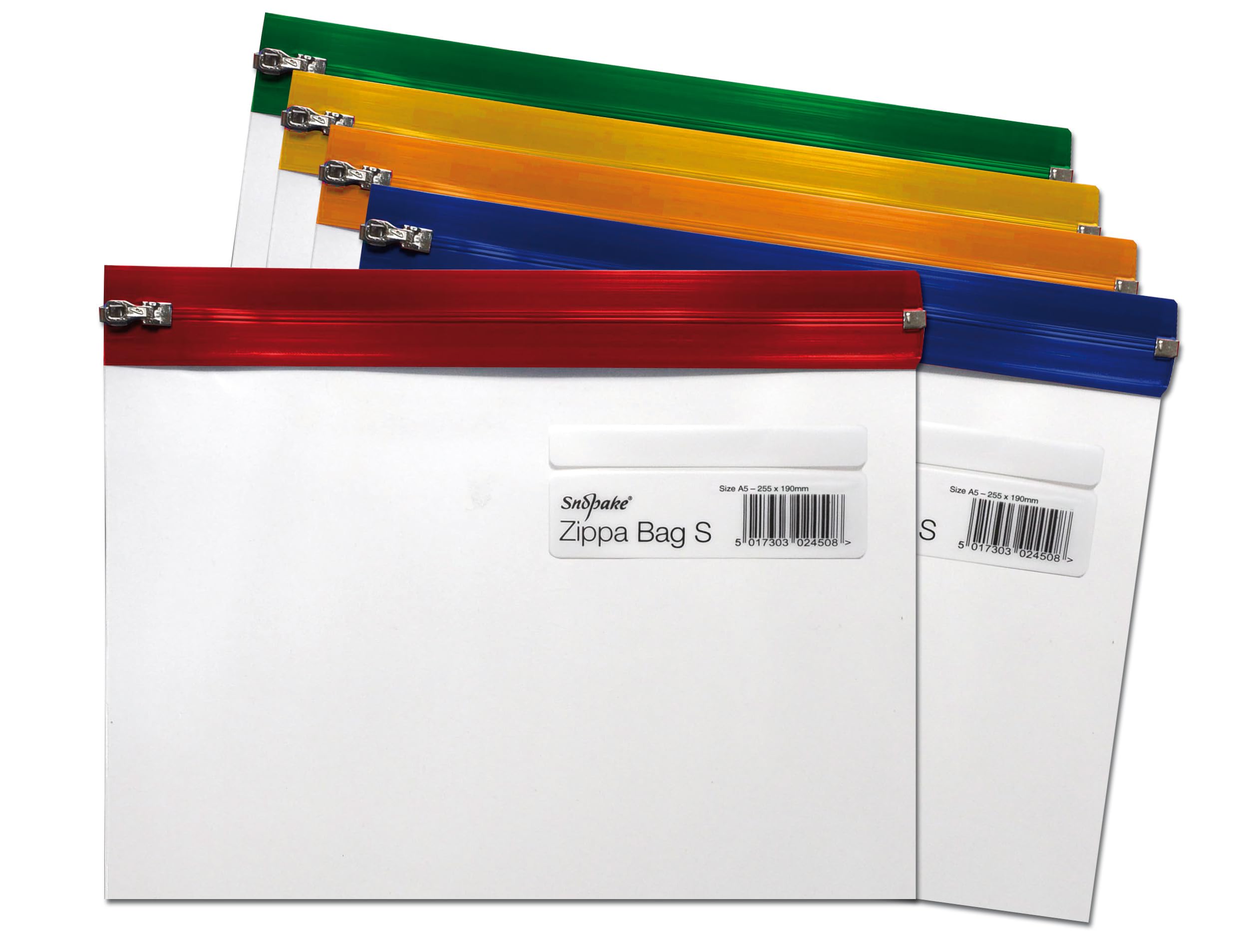 Snopake A5 Zippa-Bag â€˜Sâ€™ Classic With Write-On Label [Pack Of 5] 255 X 190 Mm - Transparent/Assorted Zip Strips [Ref: 12722]