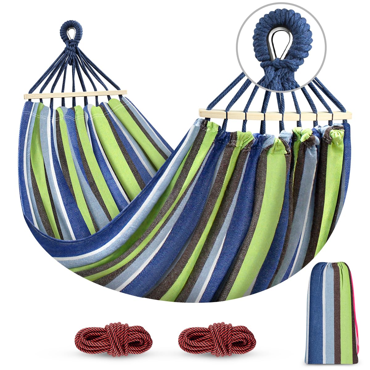 MOSFiATA Hammocks Portable Camping Hammock Upgraded 550lb Comfortable Fabric Hammock with Two Anti Roll Balance Beam and Sturdy Tree Straps for Camping, Patio, Backyard, Outdoor （Light Green）