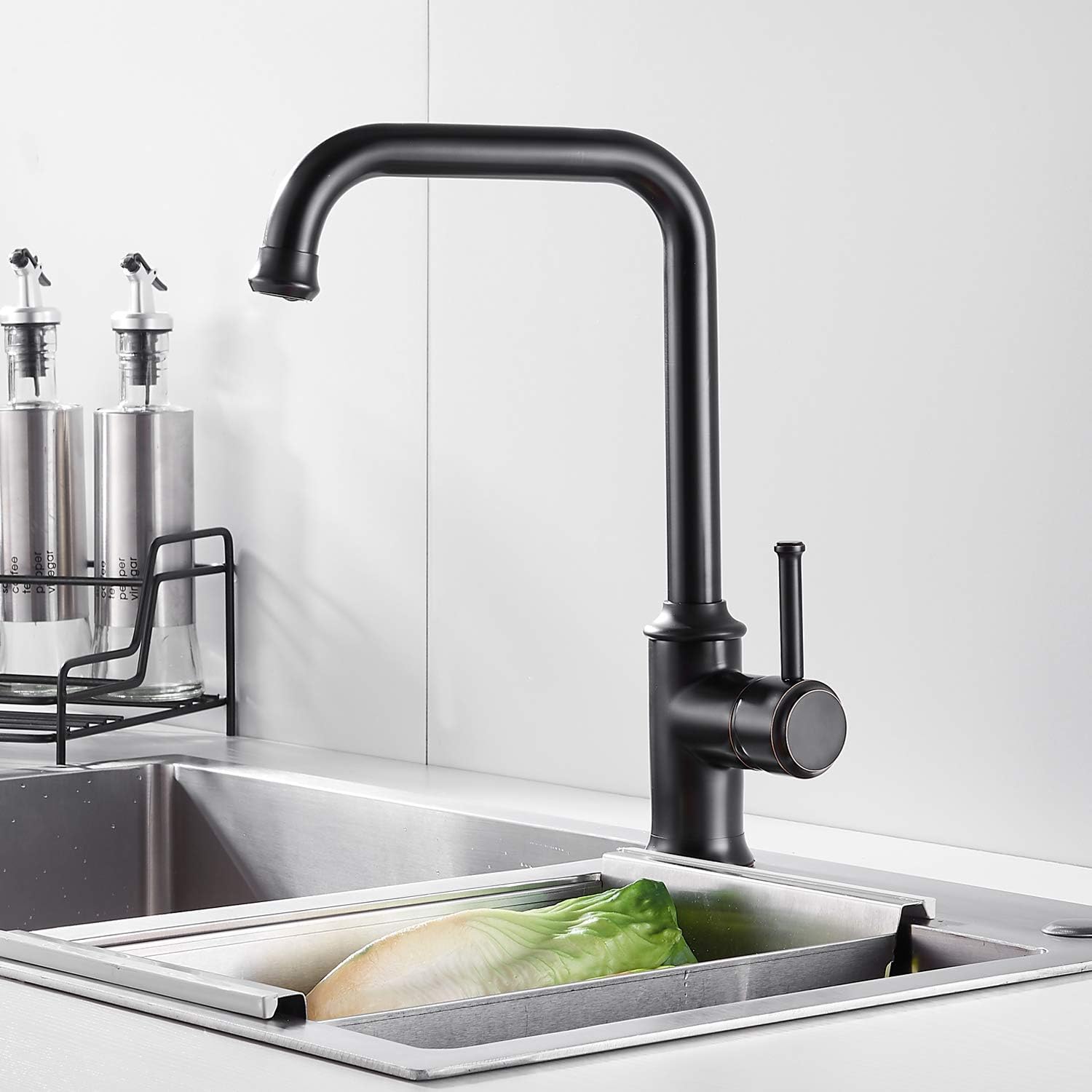 NEWRAIN Kitchen Sink Taps Mixer Solid Brass Monobloc Single Lever 360 Swivel Spout Kitchen Sink Basin Mixer Tap,with Flexible Hoses and Fittings,Black - Image 3