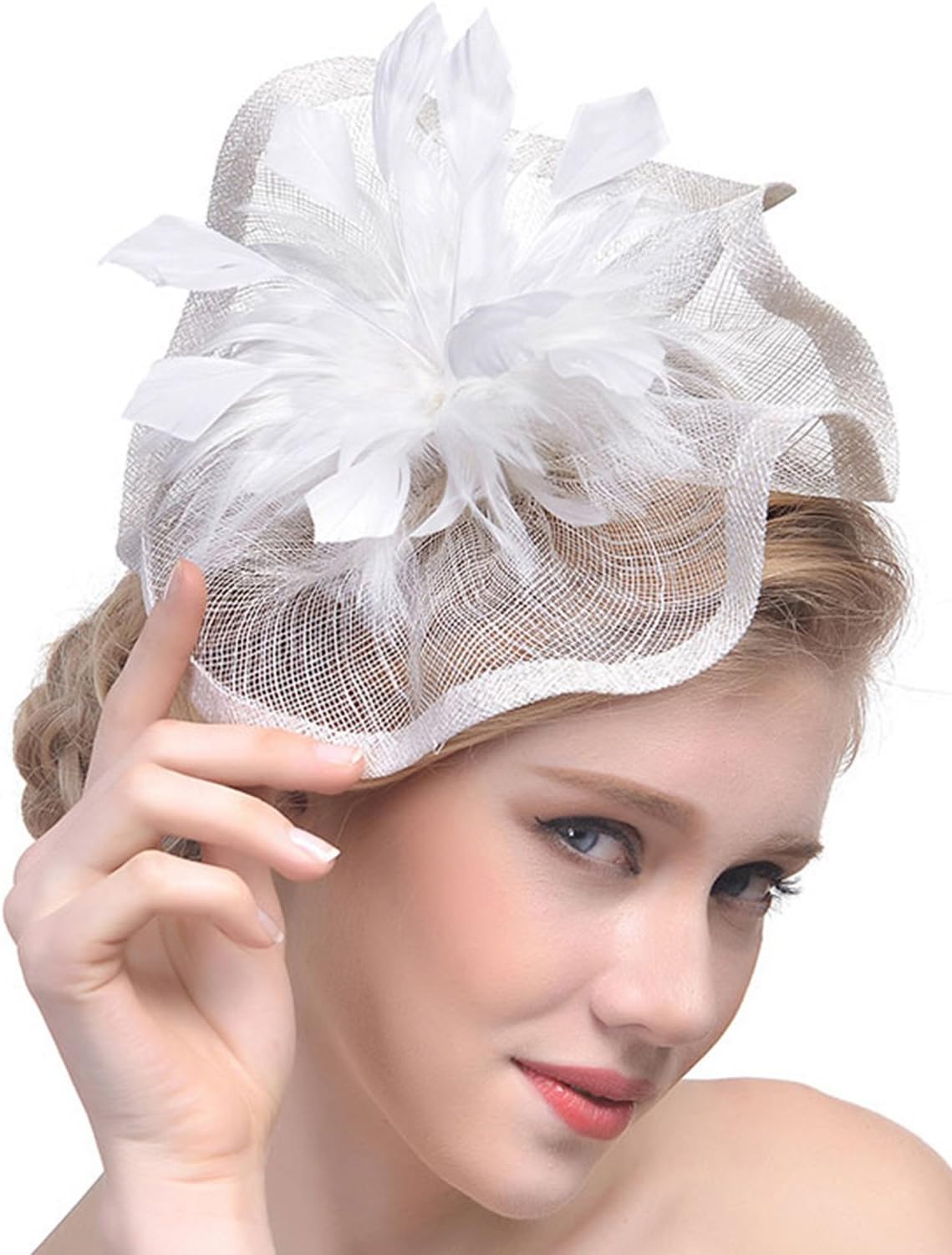 Feather Fascinators Hair Clip Pillbox Hat Derby Party Headdress Bride Headwear (White)
