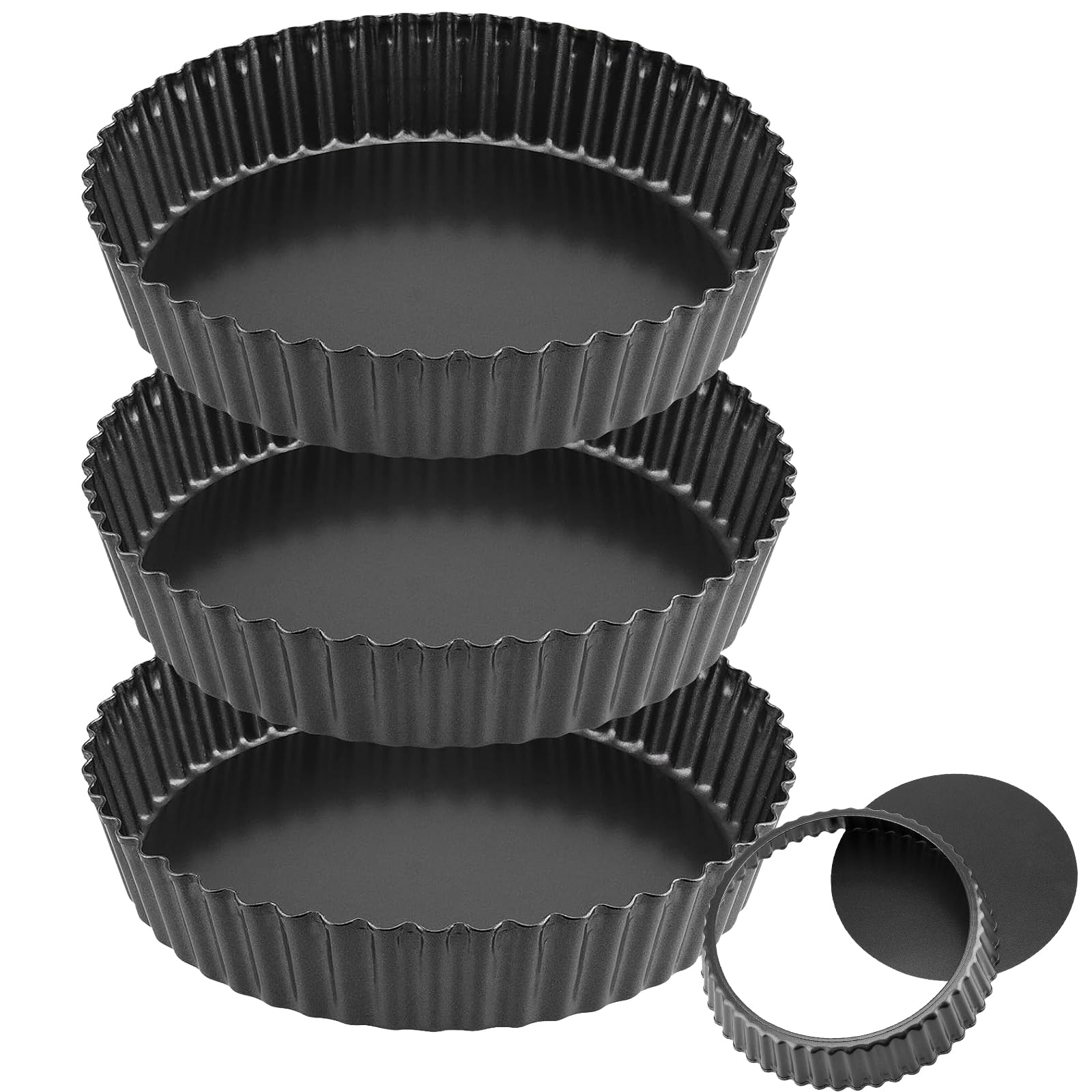 MOUYAT 3 Pack 10 inch Deep Quiche Tin, 26cm Deep Pie Tin with Loose Bottom, Round Non Stick Pie Dishes for The Oven, Pie Tin Fluted Tart Pan for Baking, Quiches, Flans