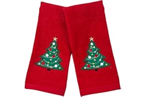 Serafina Home Christmas Bathroom Fingertip Towels – Set of 2 Red 100% Cotton Embroidered Green Christmas Tree with Gold Star & Ornaments – 18 x 12” Decorative Bath & Kitchen Towels