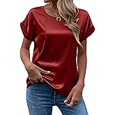 Chigant Women's Short Sleeve Satin Blouses Casual Loose Crewneck Silk Shirts Roll Up Sleeve Tunic Tops S-XXL