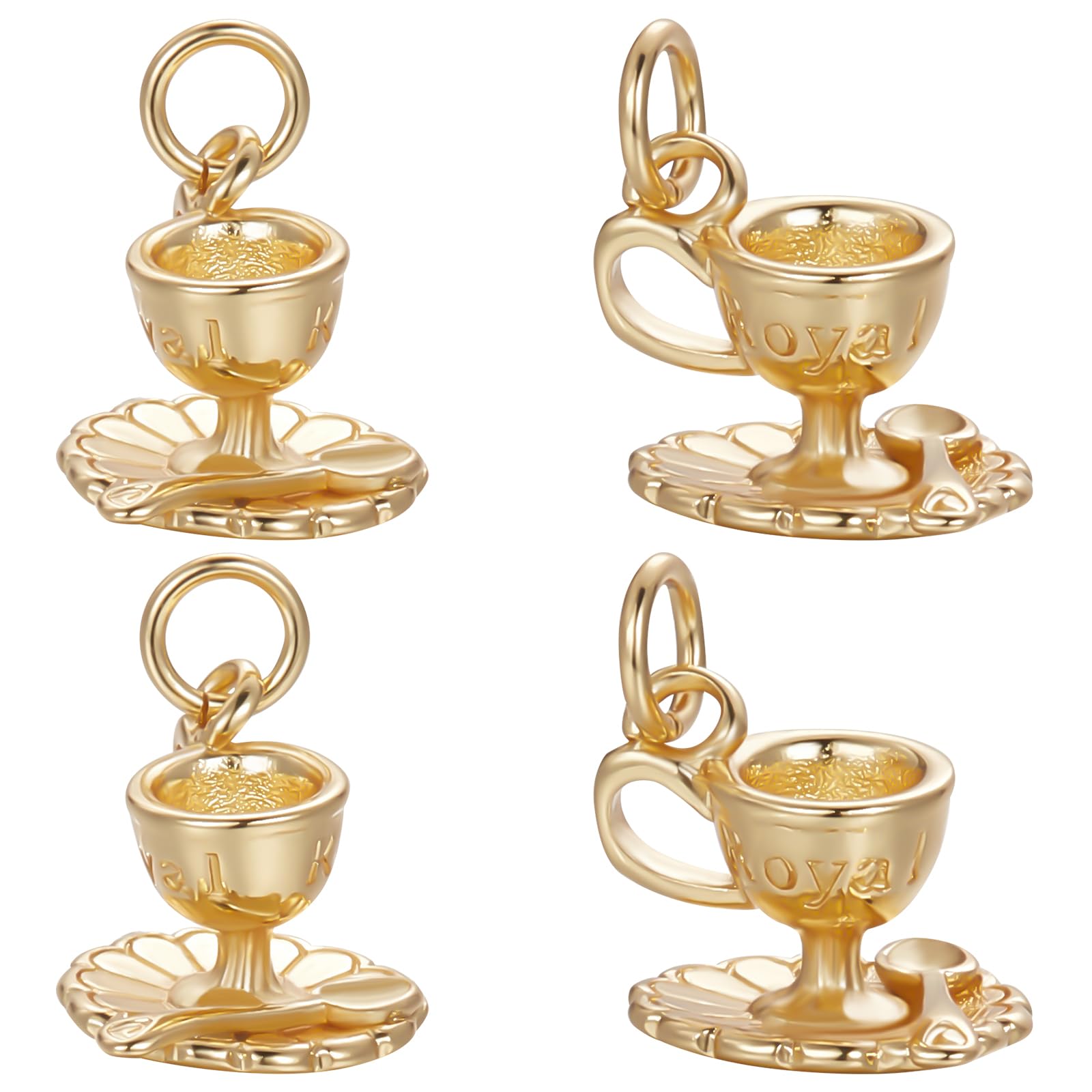 Beebeecraft 1 Box 10Pcs Tea Cup Charms 18K Gold Plated Cup and Saucer Pendant Charms Carved Roya Word with Jump Rings for Jewelry Making Bracket