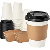 RACETOP 100 pack Disposable Coffee Cups with Lids 12 oz, Hot Paper Cups with Lids, To Go Cup with Lid and Sleeve