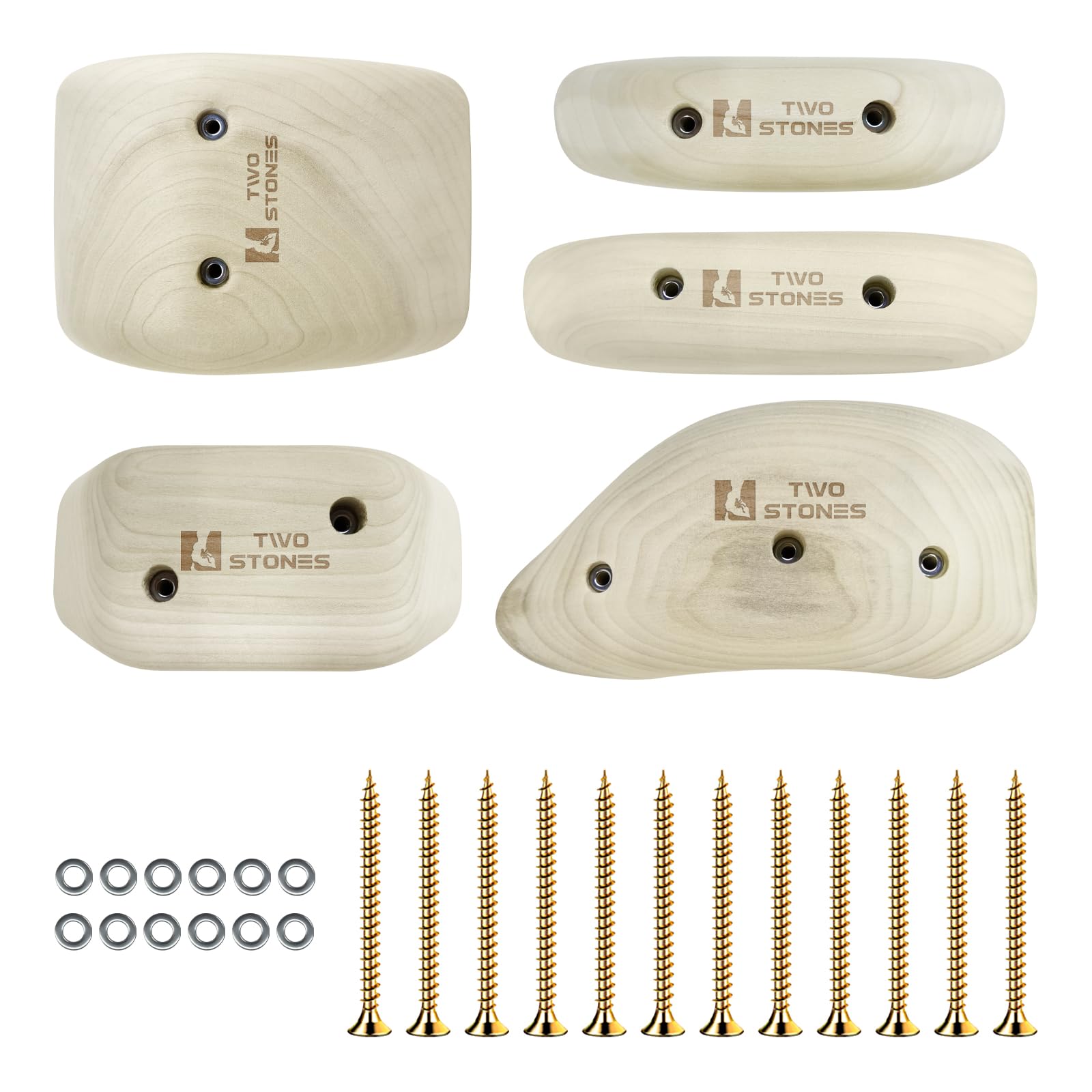 TWO STONES Wooden Rock Climbing Holds for Adults | Wood Rock Wall Climbing Holds | Variety Screw On Climbing Hold Grips Set with Mounting Hardware (HD5in1-B)