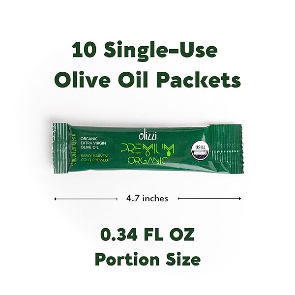OLIVE OIL PACKETS – OLIZZI PREMIUM ORGANIC EXTRA VIRGIN, NEW HARVEST, AWARD WINNING, EARLY HARVEST, COLD PRESSED, USDA ORGANIC CERTIFIED, SINGLE SERVE, MINI, SALAD DRESSING TO GO, INDIVIDUAL, TRAVEL SIZE, 10 SINGLE USE PACKS (0.34 FL OZ / UNIT)