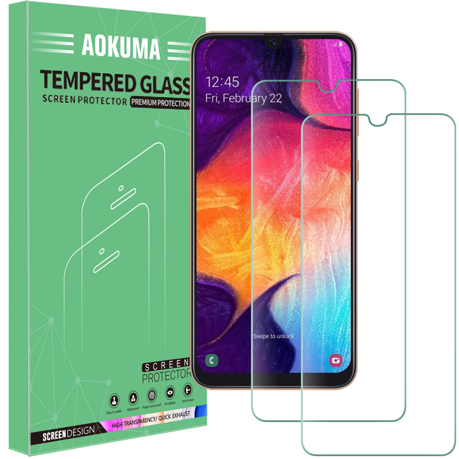 AOKUMA Samsung Galaxy A50 Tempered Glass Screen Protector, [2 Pack] Premium Quality Guard Film, Case Friendly, Comfortable Round Edge,Shatterproof, Shockproof, Scratchproof oilproof