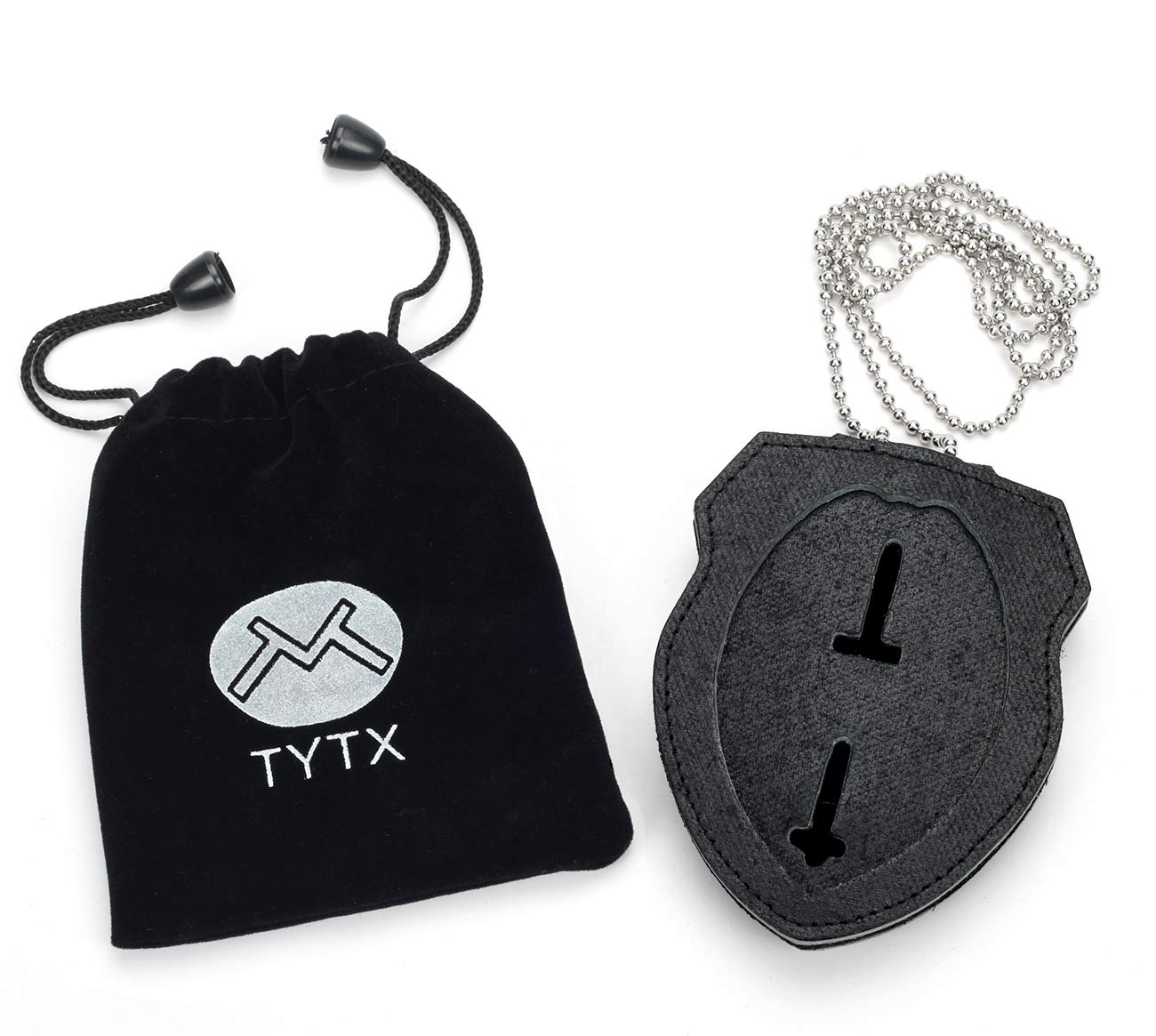 TYTX Leather Police Badge Holder Included Heavy Duty Steel Belt Clip and Stainless Steel Necklace and Concealed Photo Pocket