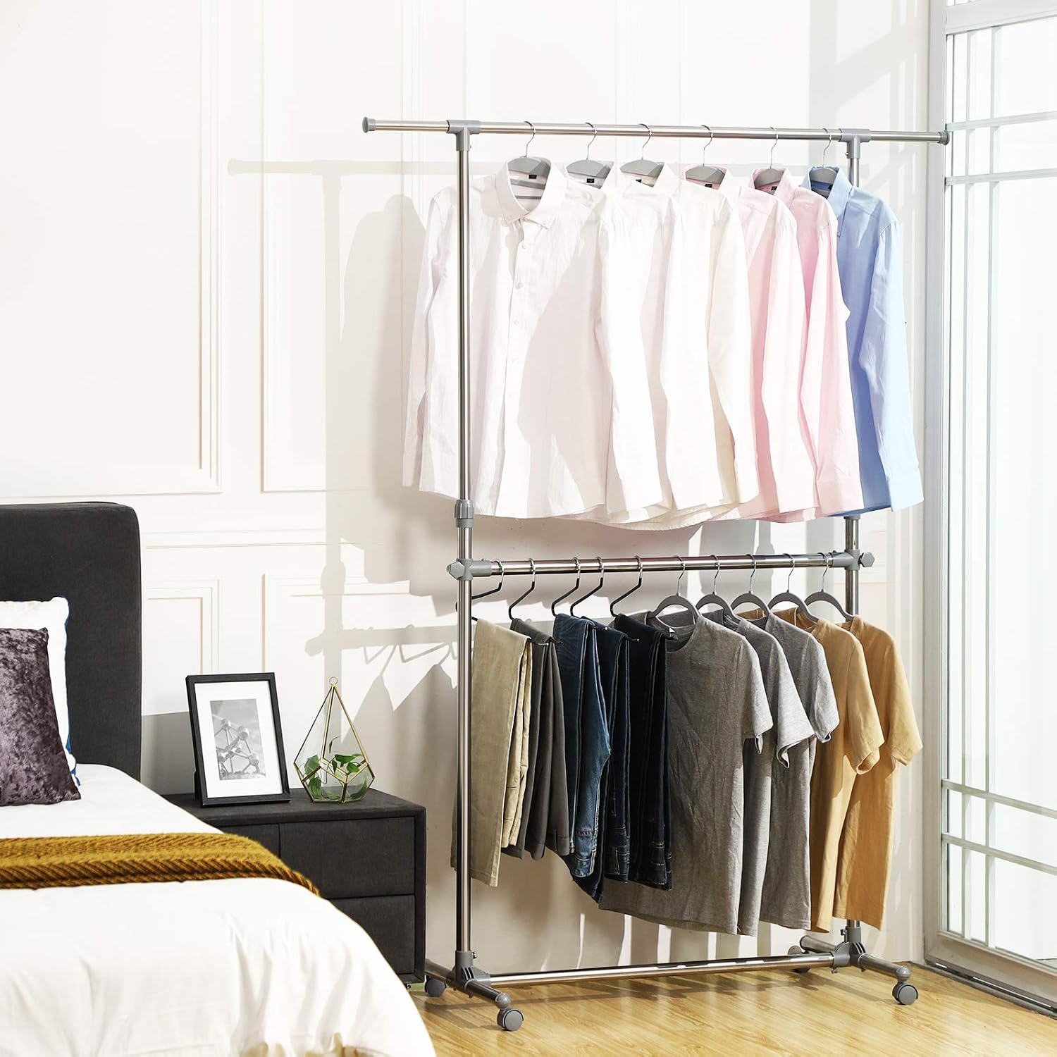SONGMICS Double Clothes Rail, Clothing Rack with Extendable Top Rail, Clothes Rail on Wheels - Image 3