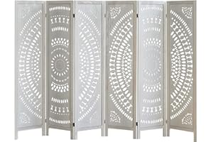 ALeesing 6 Panel Wood Room Divider Fully Assembled, Carved Boho Room Dividers and Folding Screens, 5.6Ft Room Divider Screen Freestanding Partition Wall Dividers for Home Bedroom Office, White