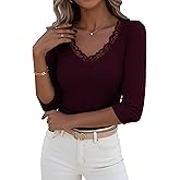 LUXVEER 3/4 Length Sleeve Womens Tops Lace Sexy V Neck Ribbed Knit Fitted T Shirts Dressy Casual Blouses Going Out Tops
