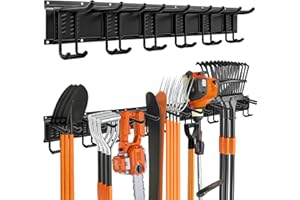 Garage Tool Organizer Wall Mount 32Inch, Heavy Duty Tool Storage Rack with 6 Hooks, Garage Storage for Tools, Broom Holder Wa