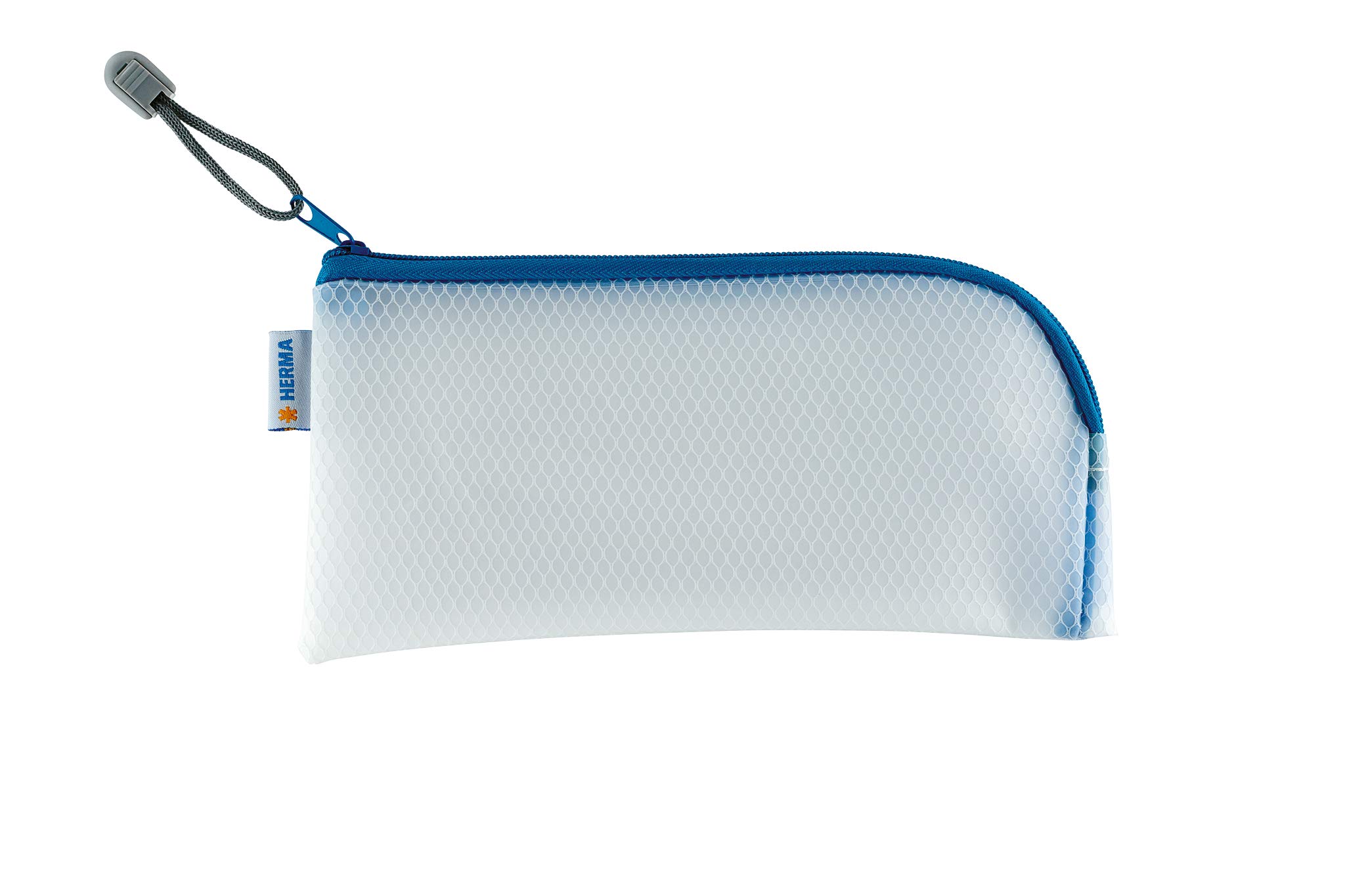 HERMA 20003 Zip Cosmetic Bag, transparent (23 x 11 cm) small zippered travel pouch for mobile phone, charging cable, cosmetics, pens, keys, clear toiletry bag with zipper in blue โ image 1