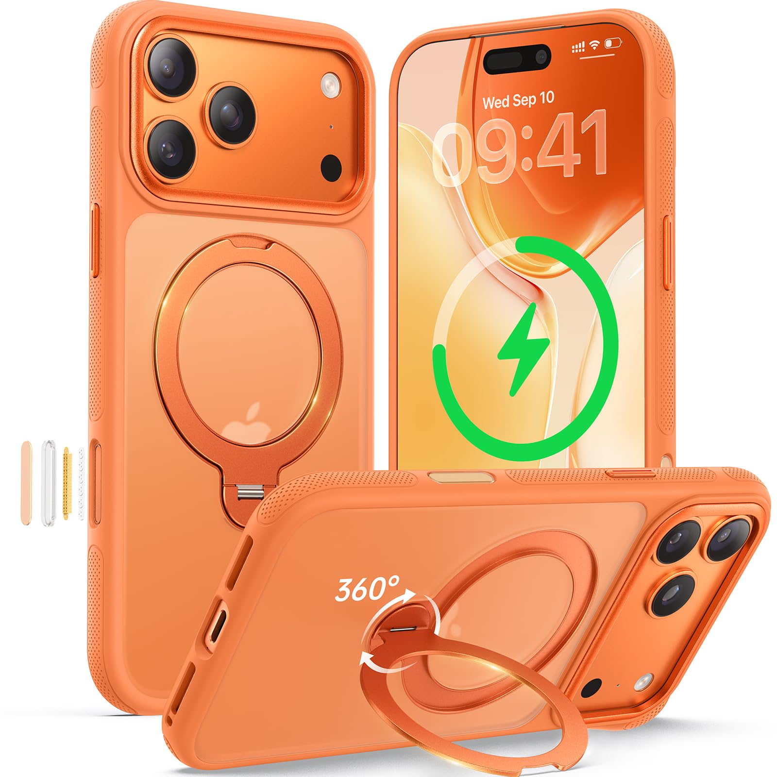 360° Magnetic Stand for iPhone 17 Pro Max Case, [Fit for MagSafe][Camera Control Button] Mil-Grade Protection Shockproof Slim Translucent Matte Ring Kickstand 17 Pro Max Case 6.9 Inch, Cosmic Orange