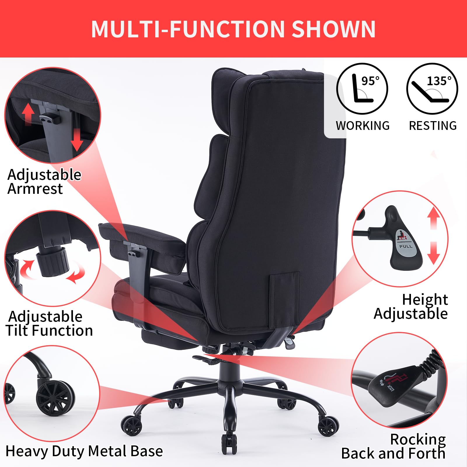 Efomao Big and Tall Office Chair 400 lb Weight Capacity, High Back Executive Office Chair with Foot Rest, Fabric Computer Chair for Back Pain Relief, Black