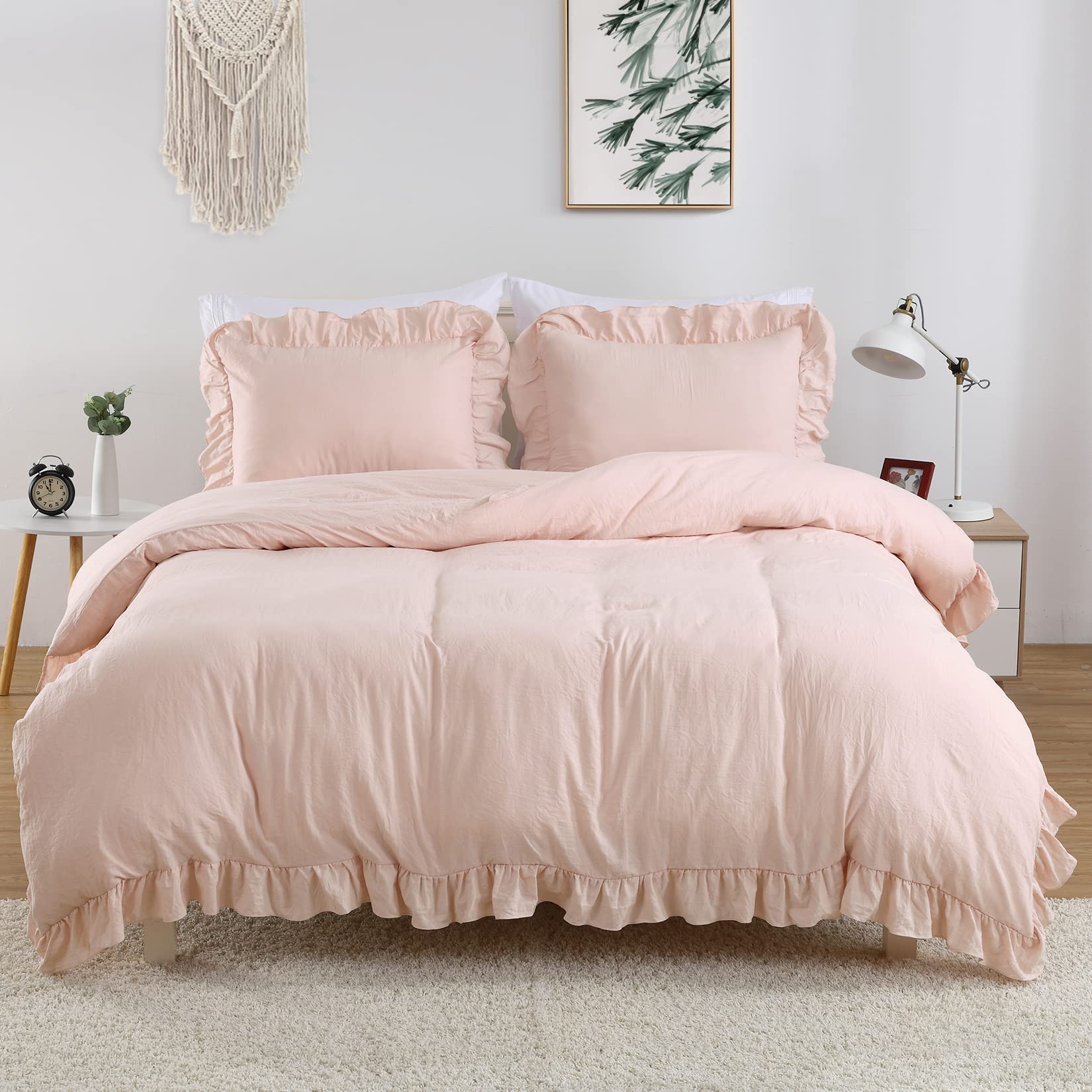 Photo 1 of Pink Ruffle Duvet Cover Queen Size, 3PCS Soft Washed Microfiber Vintage French Country Duvet Cover Set for Queen Bed, Pink, 90x90 in