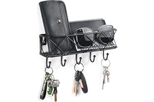 HappyHapi Key Holder for Wall Decorative, Entryway Key Hooks, Wall Mounted Key Rack with 5 Hooks, Metal Wire Mesh Basket Mail Holder, 9.8”Lx2.1”Wx4.1”H