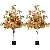 Daifunli 2 Pcs 5Ft Fall Tree Large Maple Leaves Autumn Tree Decor | Artificial Maple Tree, Realistic Craftsmanship, Potted Faux Plants, Indoor Outdoor Front Porch Decoration, Easy Assembly