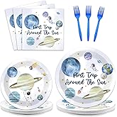 96 PCS First Trip Around The Sun Birthday Party Decorations Outer Space Themed Decorations 1st Space Birthday Dinner Paper Plates Boho Solar System Napkins Forks Sun Theme Party Favors Supplies