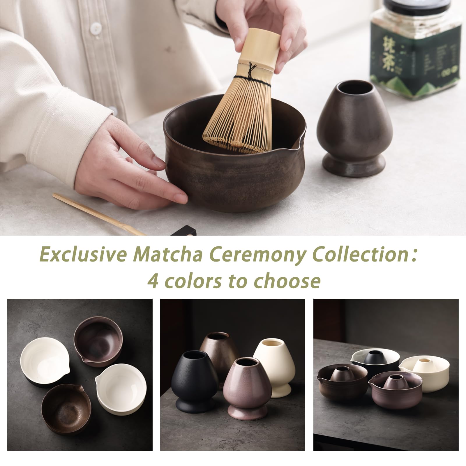Ochcahser Matcha Set, Japanese Tea Set Includes Matcha Bowl with Spout, Matcha Whisk Holder (chasen), Bamboo Matcha Whisk and Bamboo Scoop, Ceramic Matcha Kit for Tea Lovers