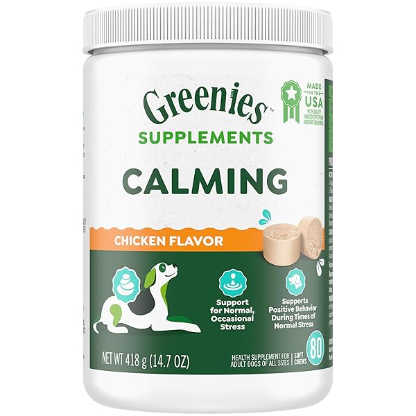 GREENIES SUPPLEMENTS CALMING CHEWS FOR DOGS CHICKEN FLAVOR, 14.7 OZ. CONTAINER OF 80 CT.