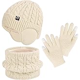 ZOORON Kids Winter Hat Gloves Scarf Set,Girls Boys Toddler Beanie with Earflaps Neck Warmer Gaiter Mittens Fleece Lined Set