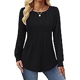 YUCOLEN Long Puff Sleeve Shirts for Women Pleated Crew Neck Tunic Tops Blouses Dressy Casual Fall Tops