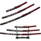 FunrBolt-kt 3-Piece Set Katana Carbon Steel Blade Japanese Samurai Sword Real,Iaido Samurai Sword Display Decoration Gift
