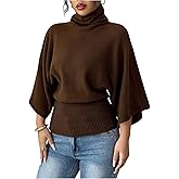 MakeMeChic Women's Turtleneck High Neck Sweater Retro 3/4 Sleeve Business Knitted Pullover Tops