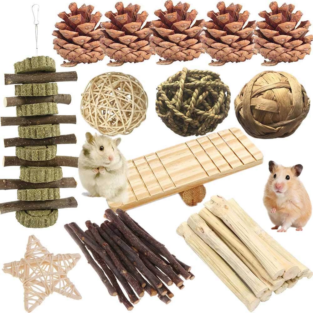 JUNTAO 21Pieces Hamster Chew Toys set, Pet Bunny Tooth Chew Toys Organic Natural Apple Wood Grass Cake Ideal for Bunny, Small Animals Play Balls，Chinchilla, Guinea Pigs, Hamsters Teeth Grinding