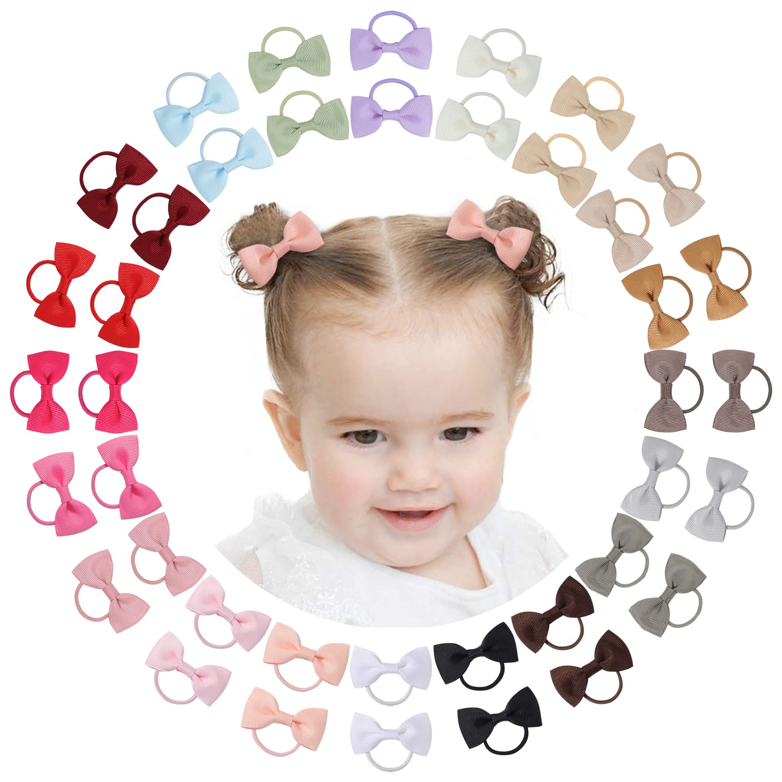 Photo 1 of  2 Inches Baby Girls Hair Bows Ties Mini Boutique Elastic Hair Rubber Ribbon Hair Band Accessories for Kids Toddlers Infants (1-40 PCS - Dark color set)