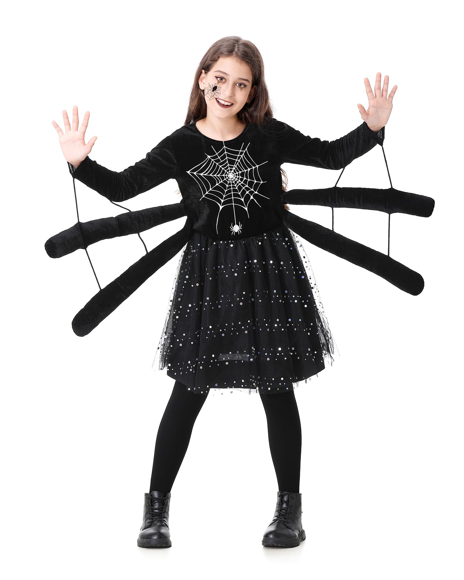 maxToonrain Halloween Black Spider Costume for Kids Spider Dress with Legs Girl Fancy Dress with Spider Web Glittering Polka Dot (8-10 Yrs, Large)