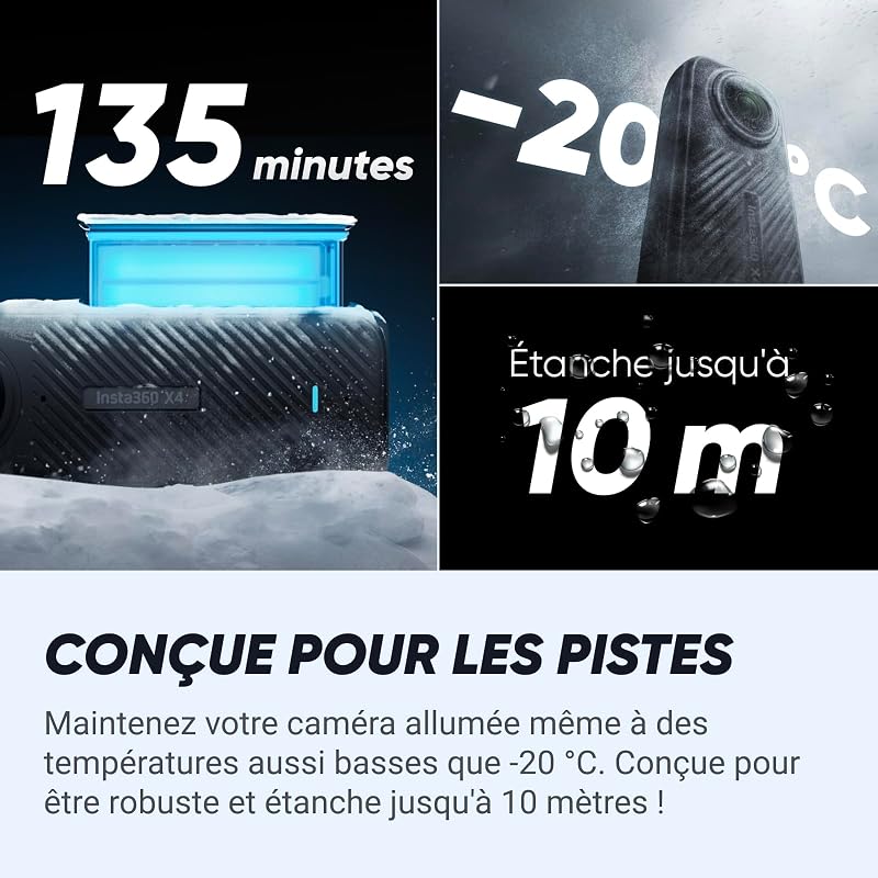 X4 Pack Snowboard - Caméra d'action 360 8K étanche, vidéo Grand Angle 4K, Perche à Selfie Invisible, protège-objectifs Amovibles, 135 Min d'autonomie, édition IA, stabilisation, pour Sport