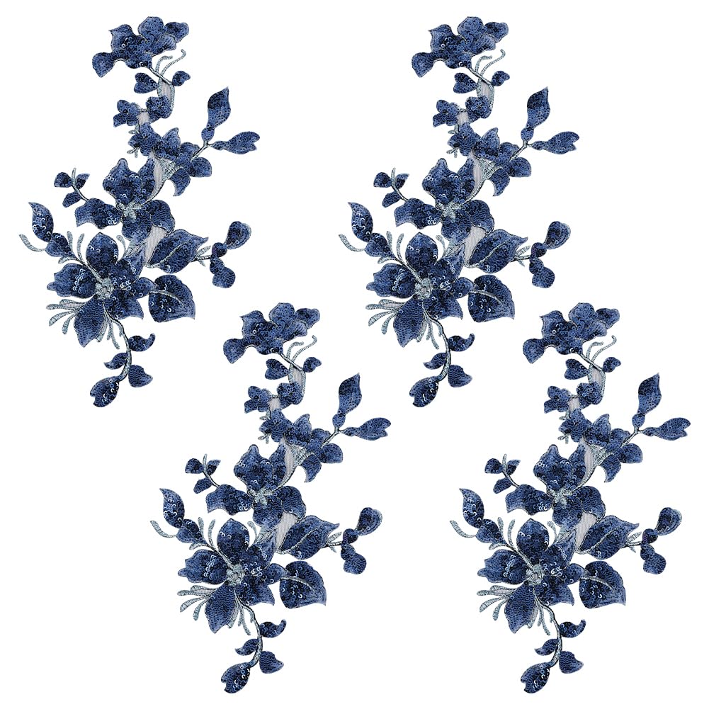 HOBBIESAY 4Pcs Embroidery Sequin Lace Appliques Blue Leaf Flowers Patches Polyester Decorative Floral Appliques Dress Gown Sewing Decorations for Fabric DIY Crafting 29.5x16x0.1cm